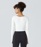 Ribbed Knit Square Neck Long Sleeve Skinny Casual Bodysuit — White — view 3