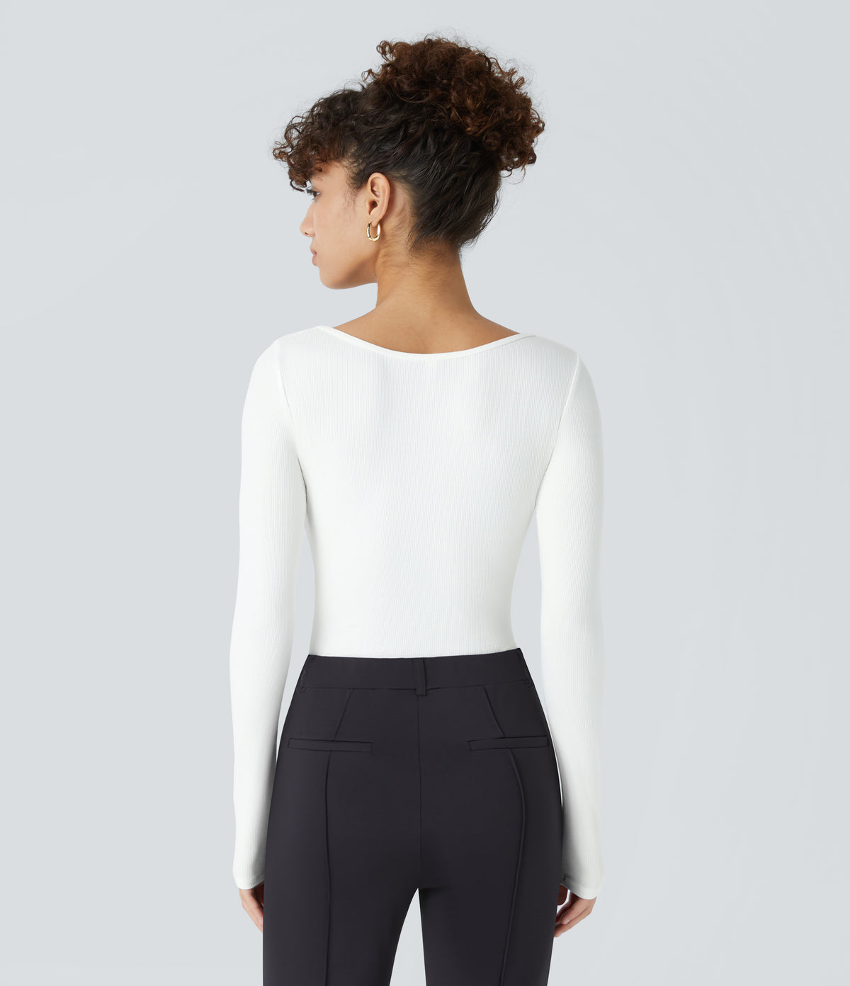 Ribbed Knit Square Neck Long Sleeve Skinny Casual Bodysuit — White — view 3