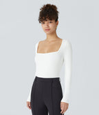 Ribbed Knit Square Neck Long Sleeve Skinny Casual Bodysuit — White — view 4