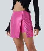 Faux Leather High Waisted Hem 2-in-1 Pocket Sparkle Foil Print Stretchy Bodycon Mini Skirt — Shiny Fuchsia Fedora — view 3