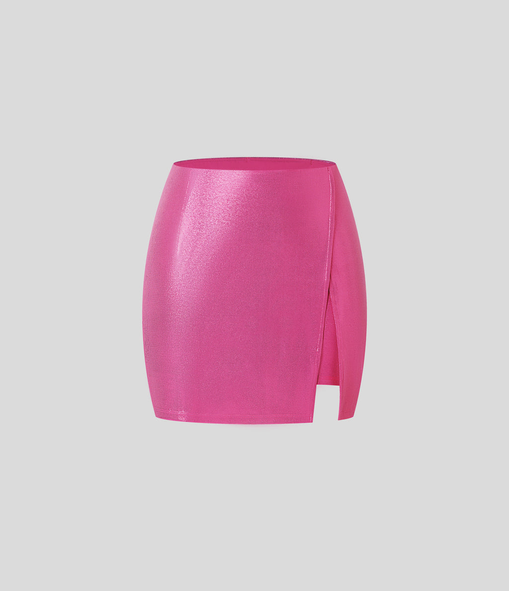 Faux Leather High Waisted Hem 2-in-1 Pocket Sparkle Foil Print Stretchy Bodycon Mini Skirt — Shiny Fuchsia Fedora — view 7