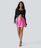 Faux Leather High Waisted Hem 2-in-1 Pocket Sparkle Foil Print Stretchy Bodycon Mini Skirt — Shiny Fuchsia Fedora — view 6