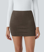 High Waisted 2-in-1 Bodycon Suede Mini Casual Skirt — Demitasse — view 6