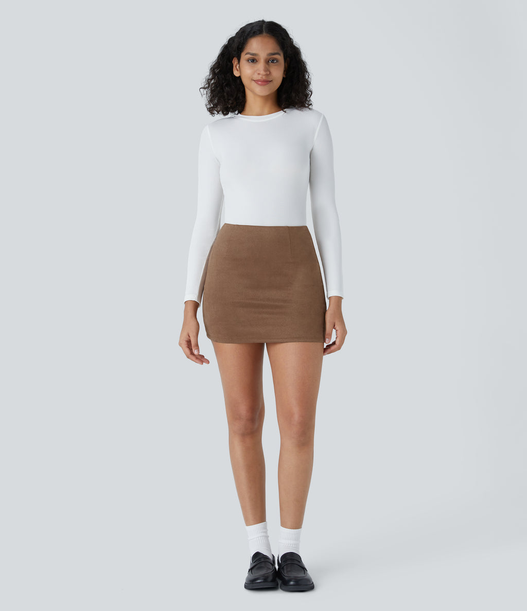 High Waisted 2-in-1 Bodycon Suede Mini Casual Skirt — Pecan Pie — view 5