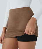 High Waisted 2-in-1 Bodycon Suede Mini Casual Skirt — Pecan Pie — view 4