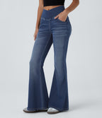 High Waisted Crossover Pocket Washed Casual Flared Jeans — Royal Blue Denim — view 3