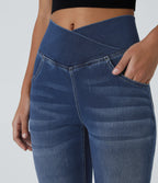 High Waisted Crossover Pocket Washed Casual Flared Jeans — Royal Blue Denim — view 5