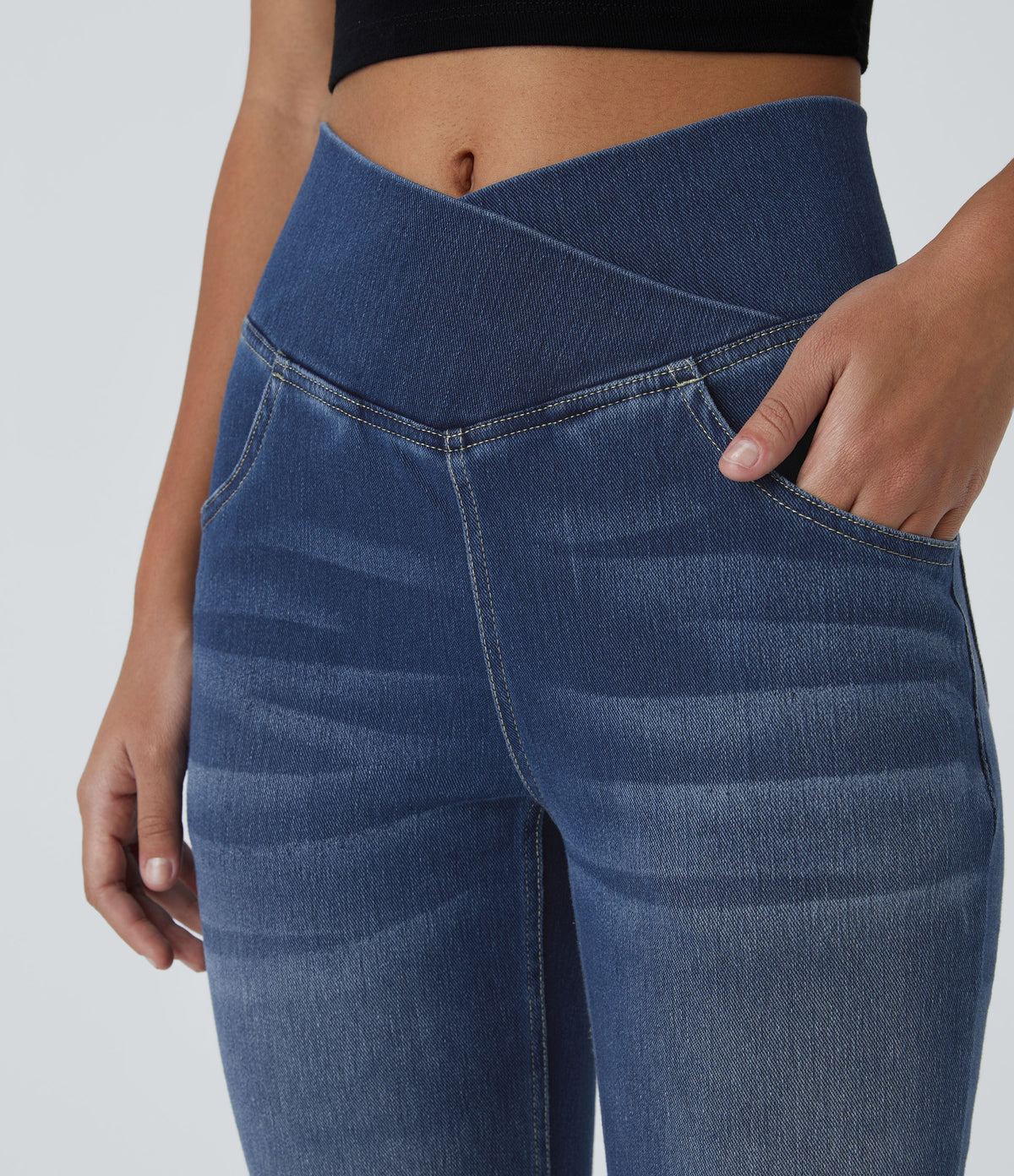 High Waisted Crossover Pocket Washed Casual Flared Jeans — Royal Blue Denim — view 5