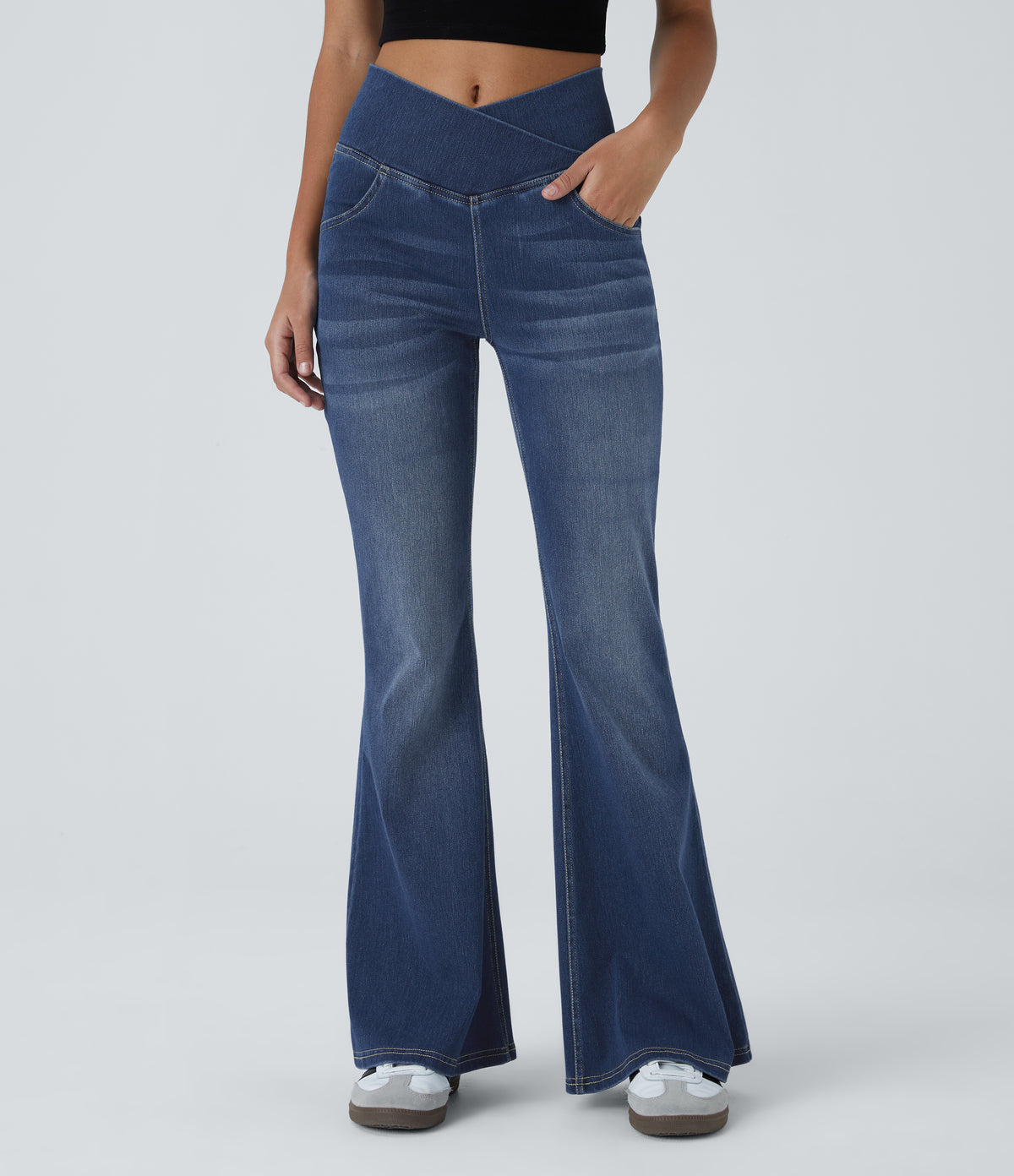 High Waisted Crossover Pocket Washed Casual Flared Jeans — Royal Blue Denim — view 1