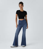 High Waisted Crossover Pocket Washed Casual Flared Jeans — Royal Blue Denim — view 6