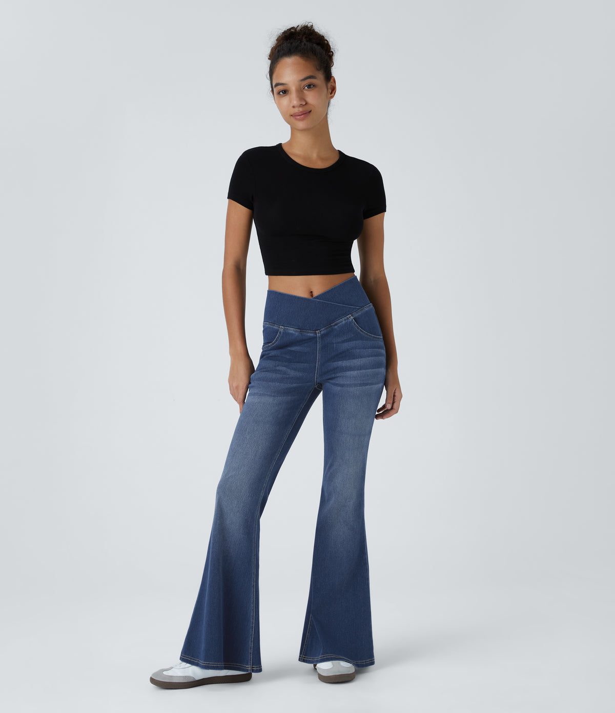 High Waisted Crossover Pocket Washed Casual Flared Jeans — Royal Blue Denim — view 6