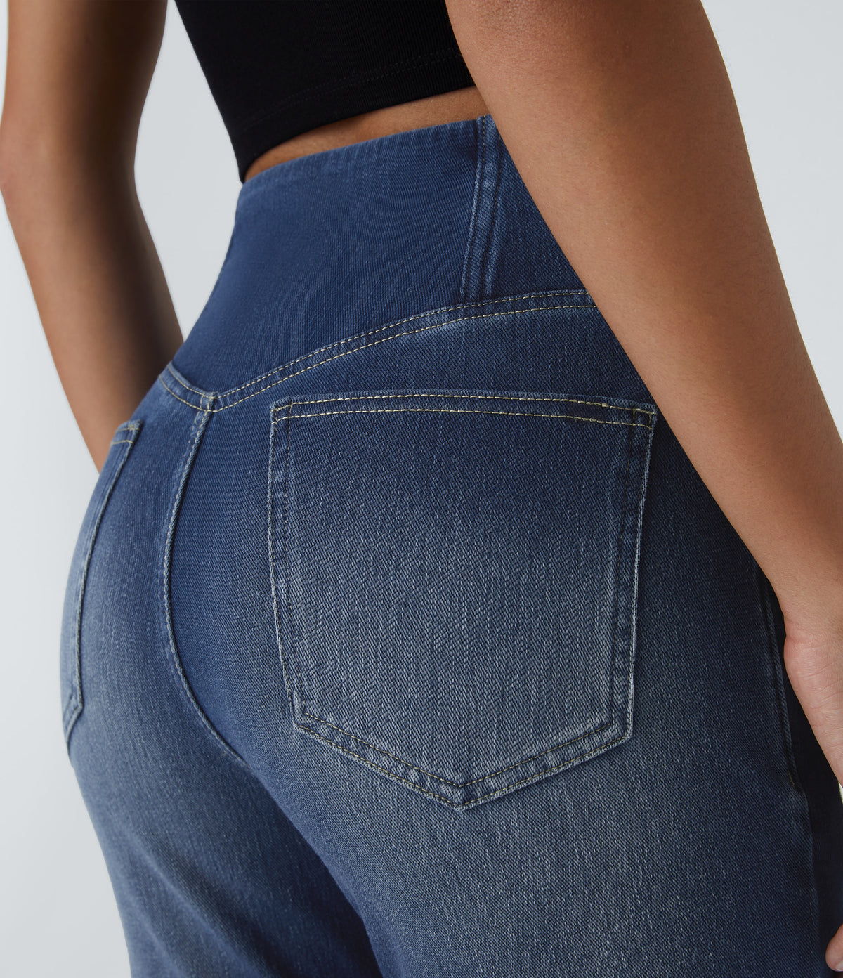 High Waisted Crossover Pocket Washed Casual Flared Jeans — Royal Blue Denim — view 4