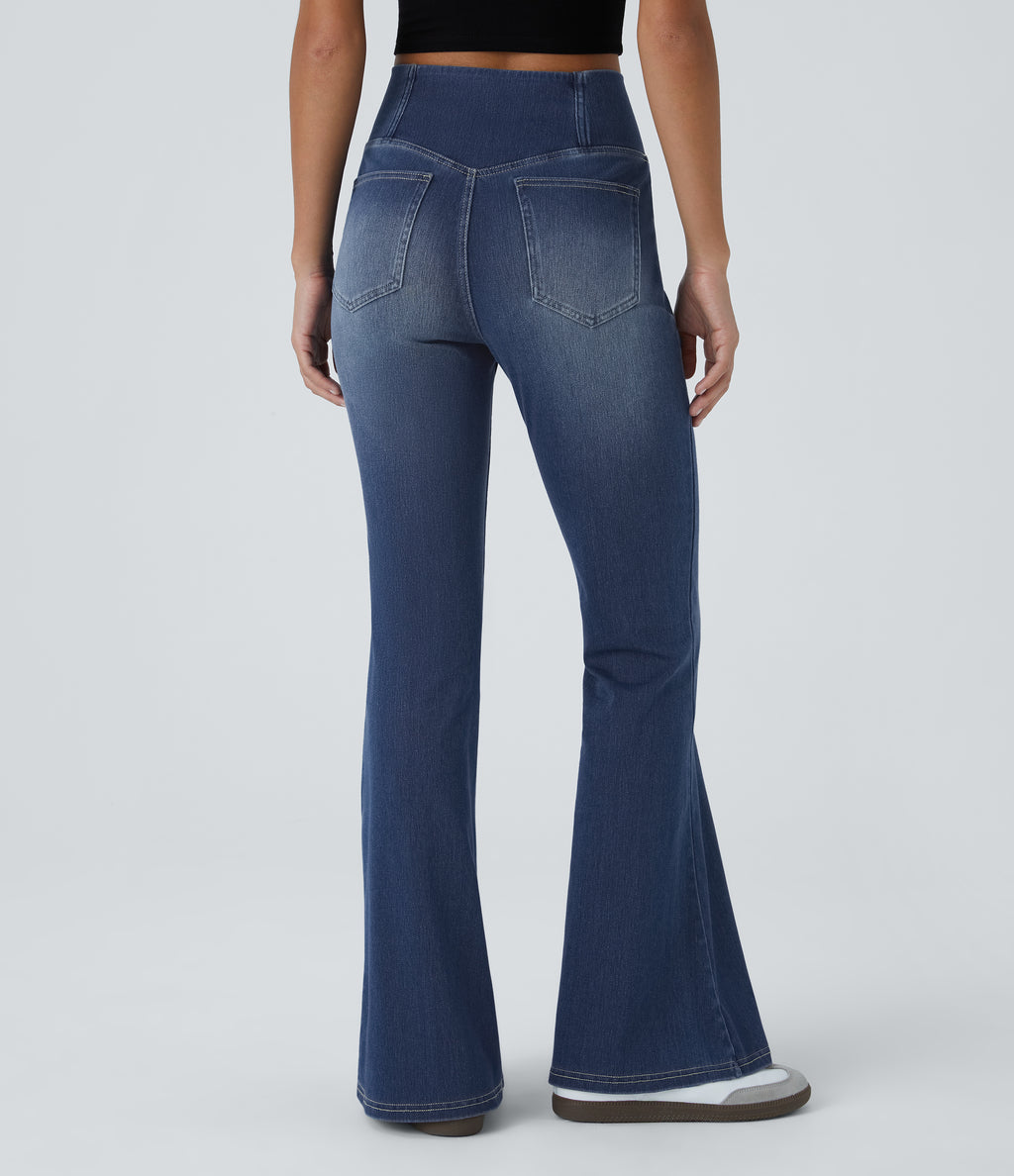 High Waisted Crossover Pocket Washed Casual Flared Jeans — Royal Blue Denim — view 2