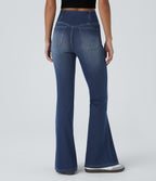 High Waisted Crossover Pocket Washed Casual Flared Jeans — Royal Blue Denim — view 2
