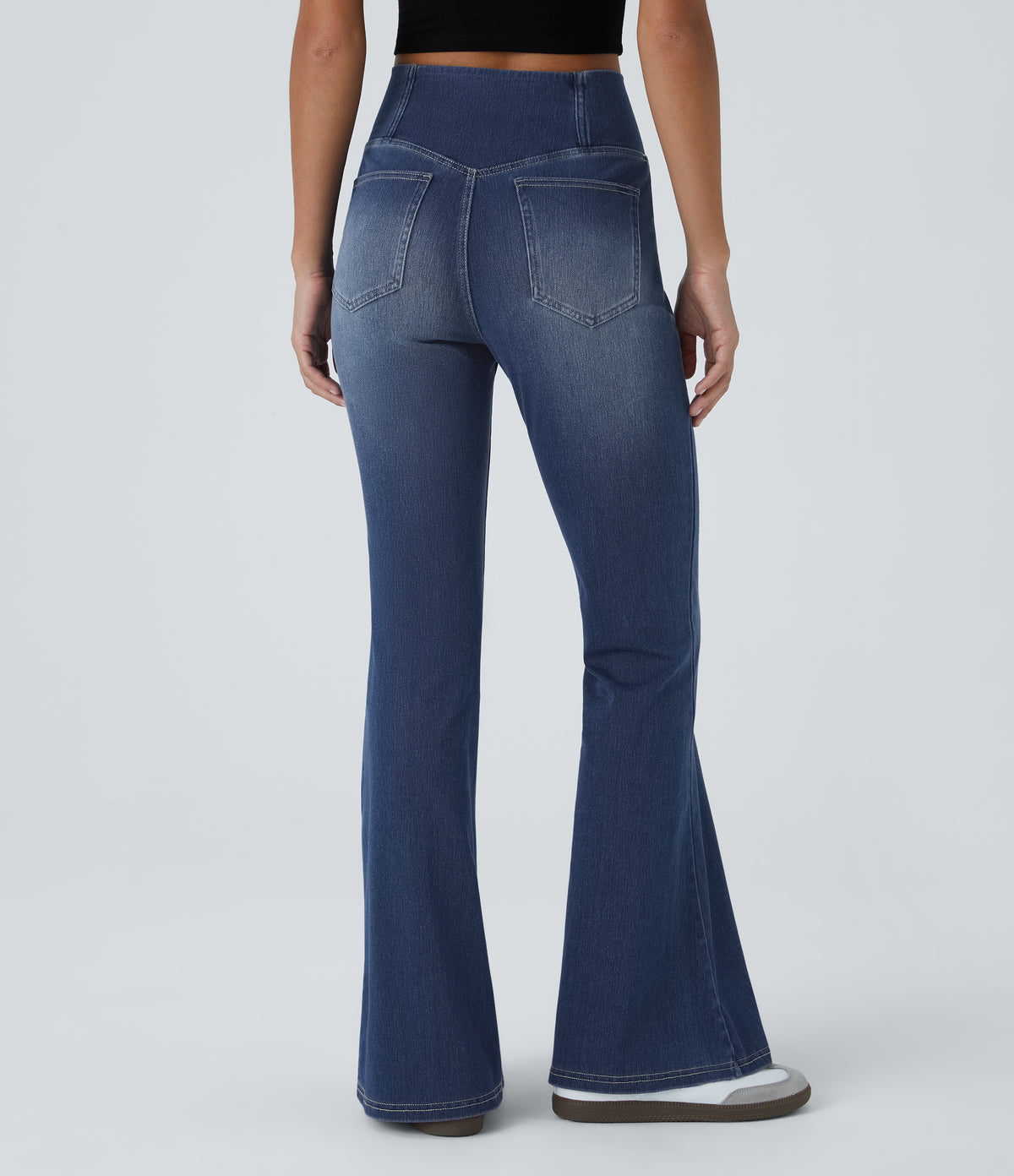 High Waisted Crossover Pocket Washed Casual Flared Jeans — Royal Blue Denim — view 2