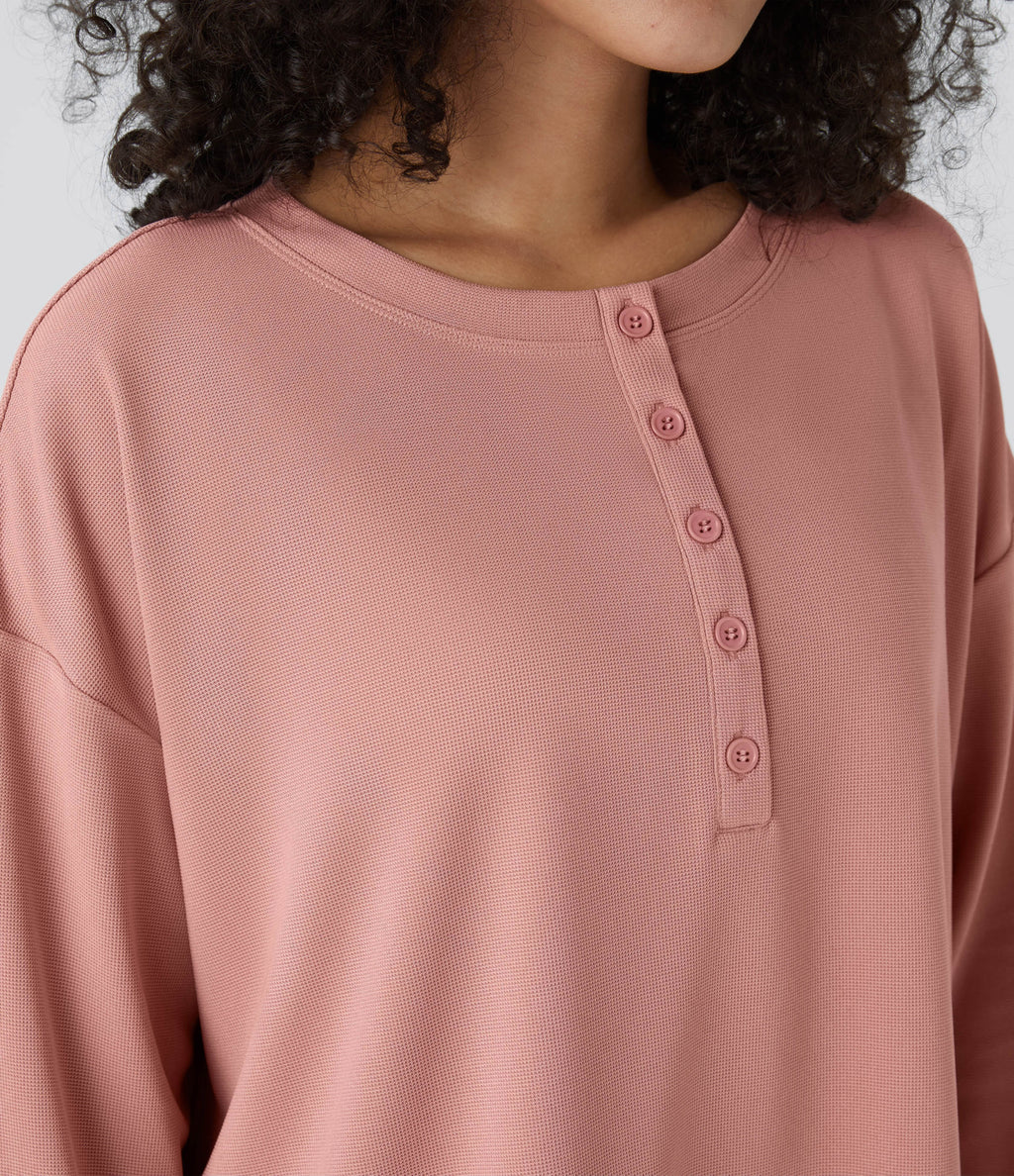 Button Front Thumb Hole Split Waffle Casual Sweatshirt — Rose Tan — view 4