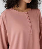Button Front Thumb Hole Split Waffle Casual Sweatshirt — Rose Tan — view 4