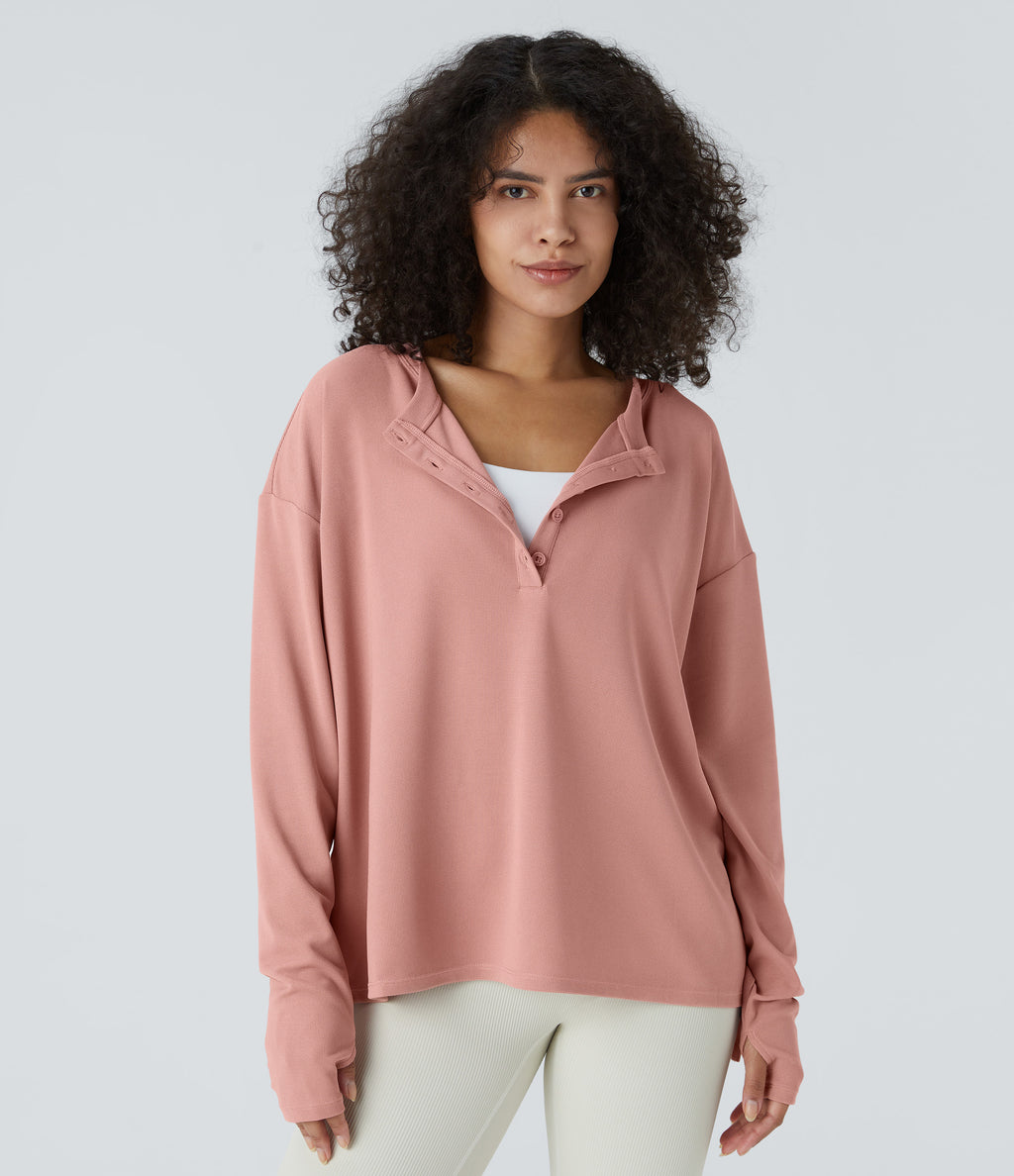 Button Front Thumb Hole Split Waffle Casual Sweatshirt — Rose Tan — view 3
