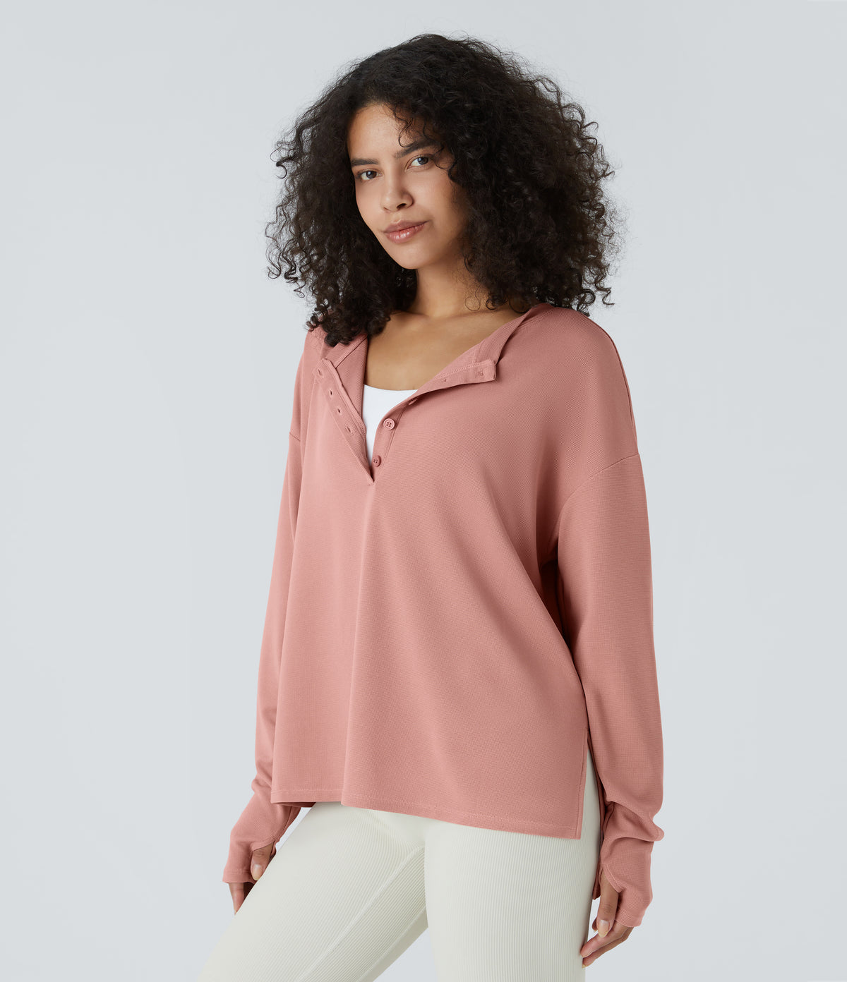 Button Front Thumb Hole Split Waffle Casual Sweatshirt — Rose Tan — view 1