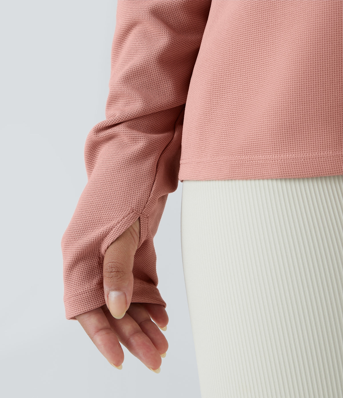 Button Front Thumb Hole Split Waffle Casual Sweatshirt — Rose Tan — view 6