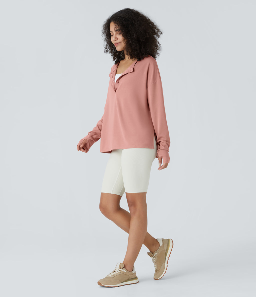Button Front Thumb Hole Split Waffle Casual Sweatshirt — Rose Tan — view 7