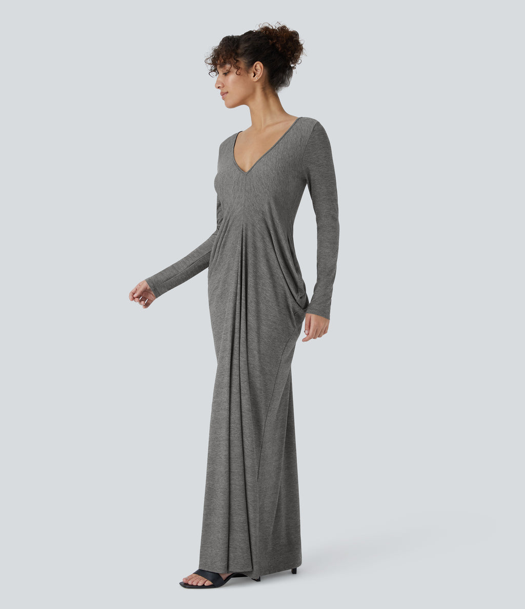Deep V Neck Long Sleeve Stacked Ruched Maxi Casual Dress — Darl Gray Floral Yarn — view 3