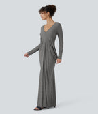 Deep V Neck Long Sleeve Stacked Ruched Maxi Casual Dress — Darl Gray Floral Yarn — view 3