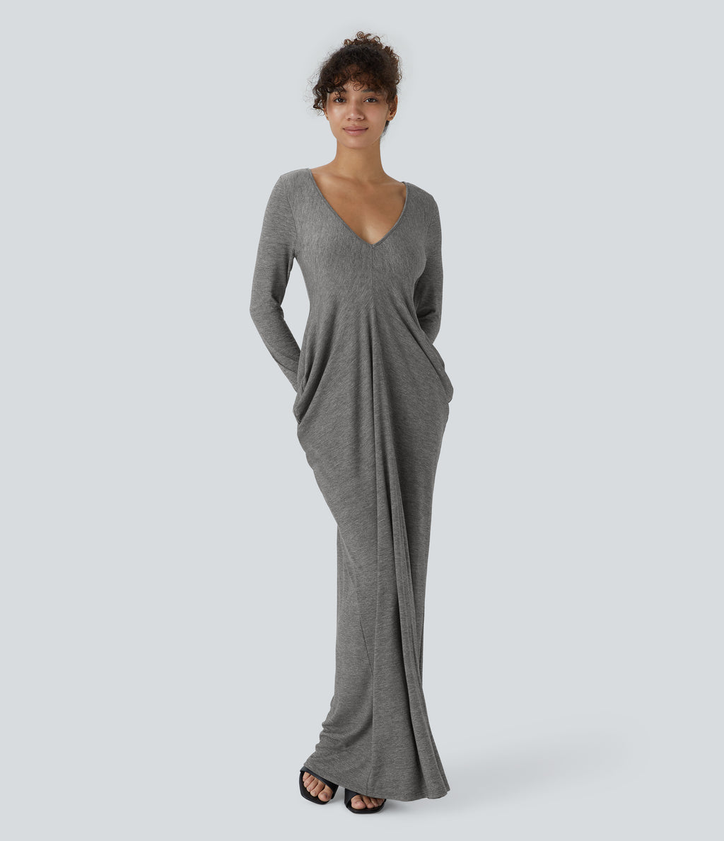 Deep V Neck Long Sleeve Stacked Ruched Maxi Casual Dress — Darl Gray Floral Yarn — view 1