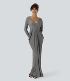 Deep V Neck Long Sleeve Stacked Ruched Maxi Casual Dress — Darl Gray Floral Yarn — view 1