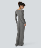 Deep V Neck Long Sleeve Stacked Ruched Maxi Casual Dress — Darl Gray Floral Yarn — view 2