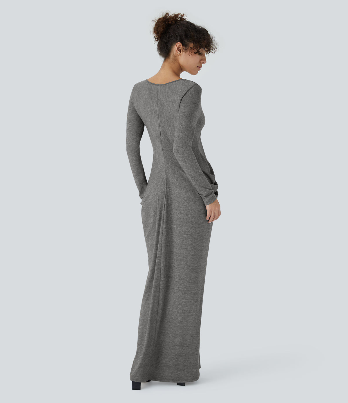 Deep V Neck Long Sleeve Stacked Ruched Maxi Casual Dress — Darl Gray Floral Yarn — view 2