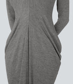 Deep V Neck Long Sleeve Stacked Ruched Maxi Casual Dress — Darl Gray Floral Yarn — view 5