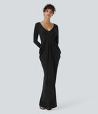 Deep V Neck Long Sleeve Stacked Ruched Maxi Casual Dress — Black — view 6