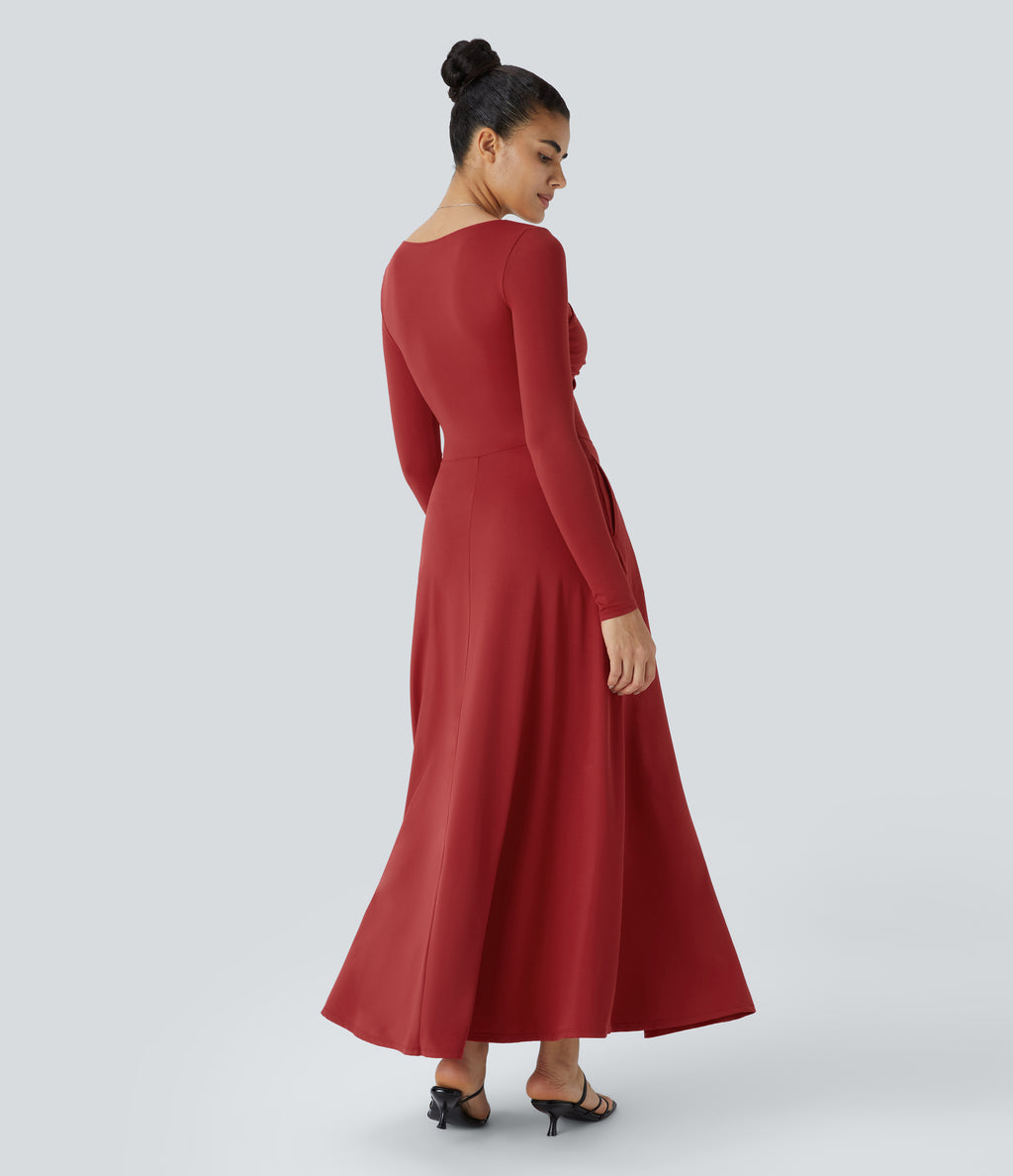 Sweetheart Neck Long Sleeve Twisted Side Pocket Flare Flowy Maxi Resort Dress — Emboldened — view 2