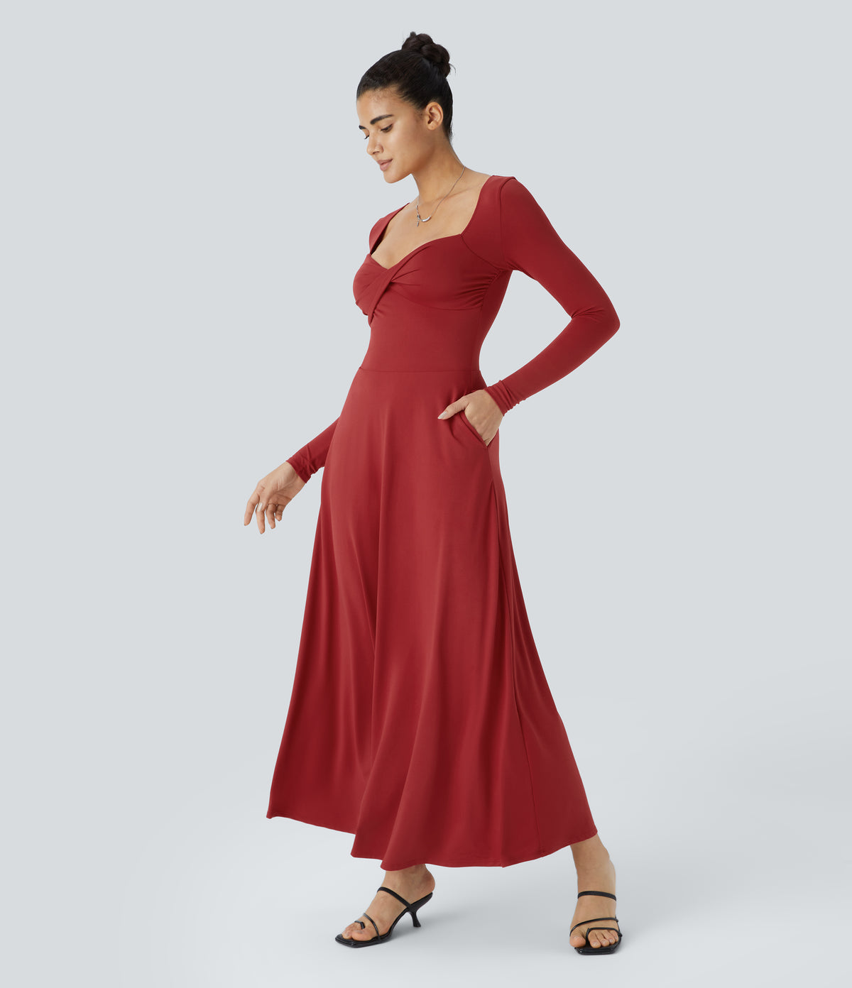 Sweetheart Neck Long Sleeve Twisted Side Pocket Flare Flowy Maxi Resort Dress — Emboldened — view 3