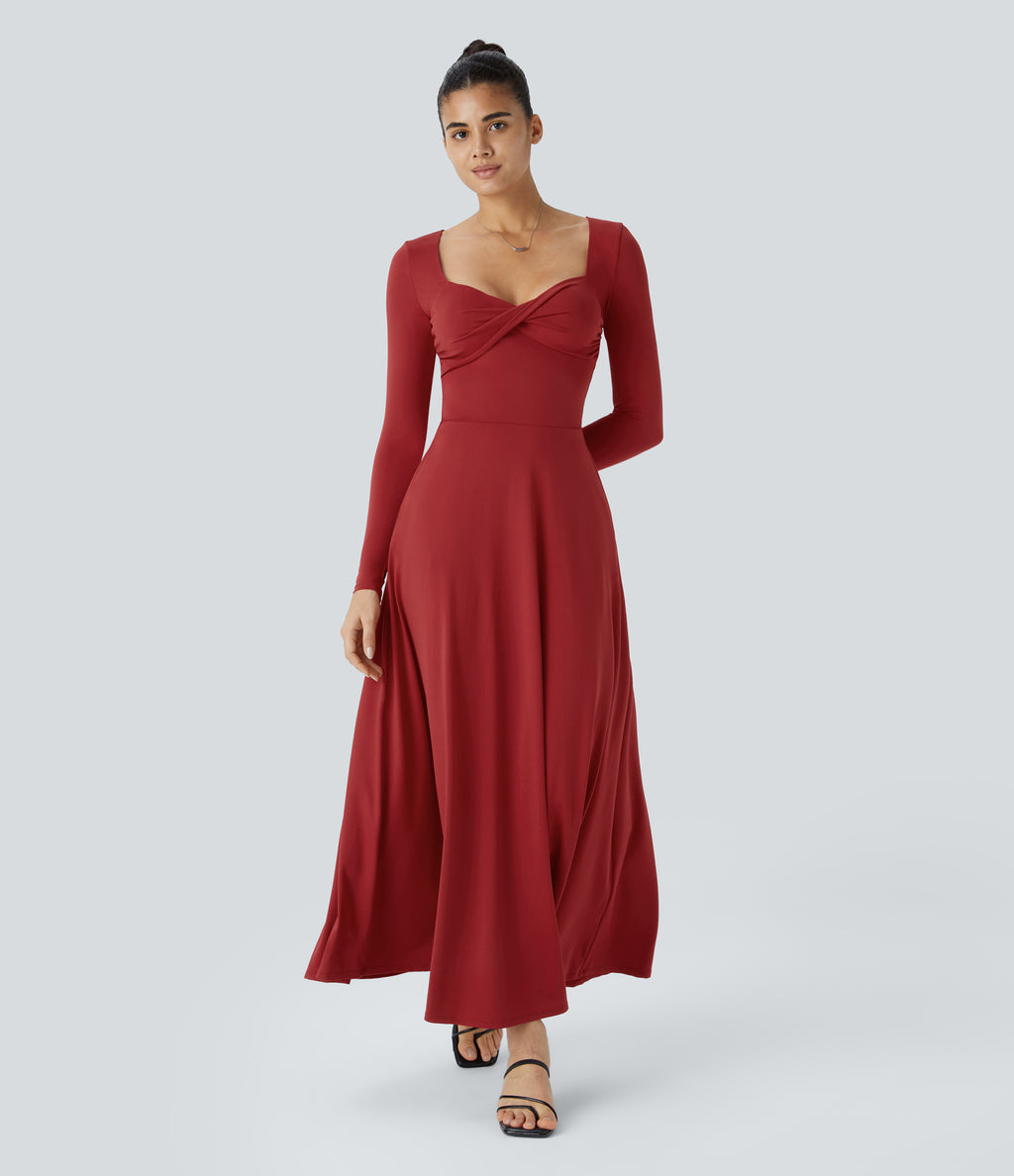 Sweetheart Neck Long Sleeve Twisted Side Pocket Flare Flowy Maxi Resort Dress — Emboldened — view 1