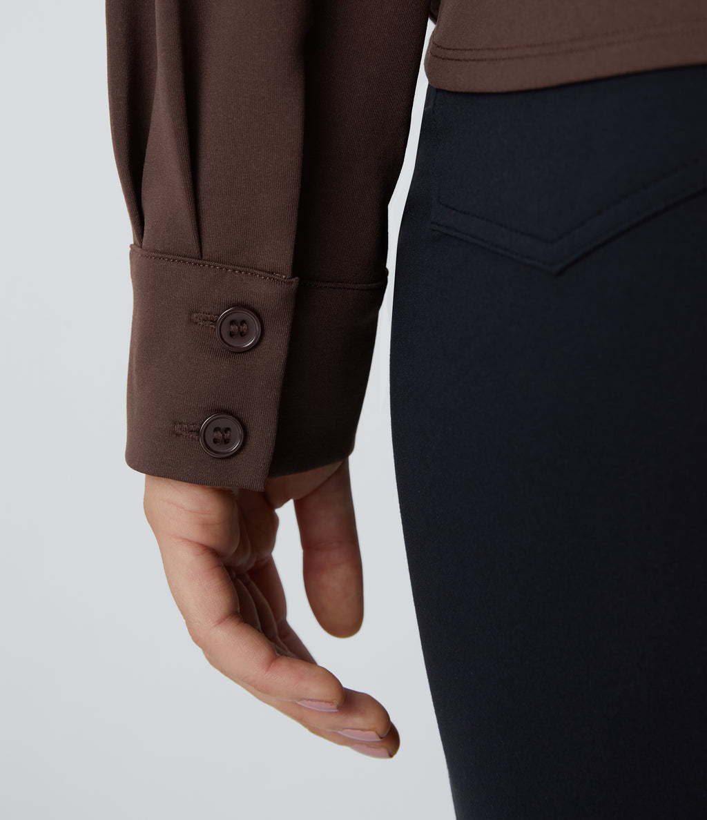 Notched Collar Crossover Long Sleeve Work Shirt — Chestnut — view 6
