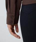 Notched Collar Crossover Long Sleeve Work Shirt — Chestnut — view 6