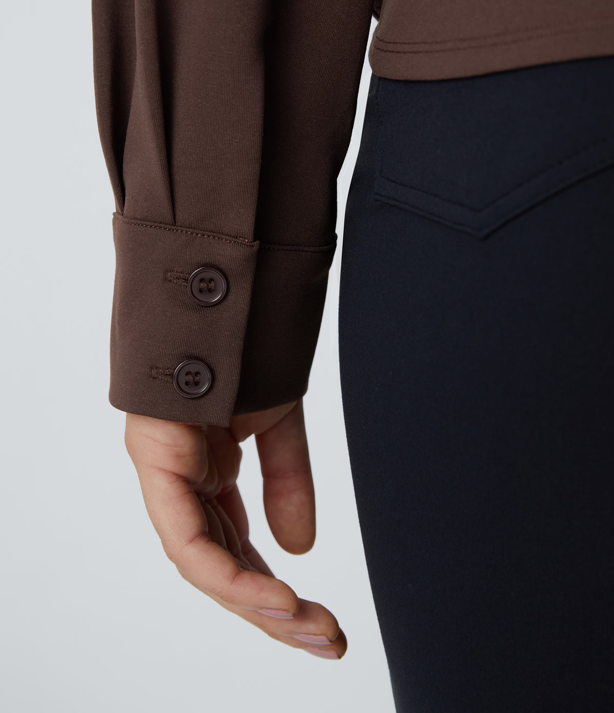 Notched Collar Crossover Long Sleeve Work Shirt — Chestnut — view 6