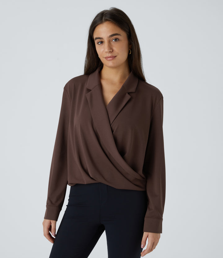 Notched Collar Crossover Long Sleeve Work Shirt — Chestnut — view 1