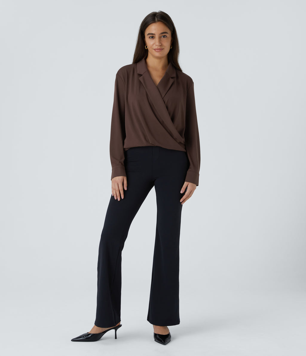 Notched Collar Crossover Long Sleeve Work Shirt — Chestnut — view 7