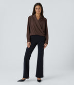 Notched Collar Crossover Long Sleeve Work Shirt — Chestnut — view 7