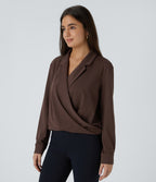 Notched Collar Crossover Long Sleeve Work Shirt — Chestnut — view 3
