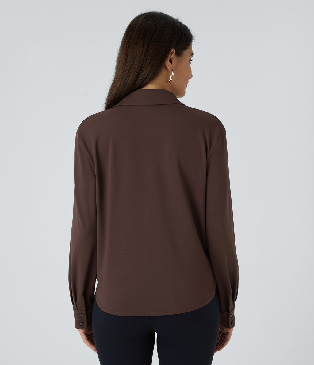 Notched Collar Crossover Long Sleeve Work Shirt — Chestnut — view 2
