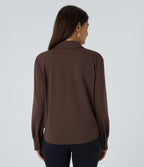 Notched Collar Crossover Long Sleeve Work Shirt — Chestnut — view 2
