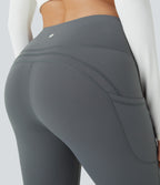High Waisted Side Pocket Thermal Yoga Flared Trousers — Blue Tile Gray — view 5