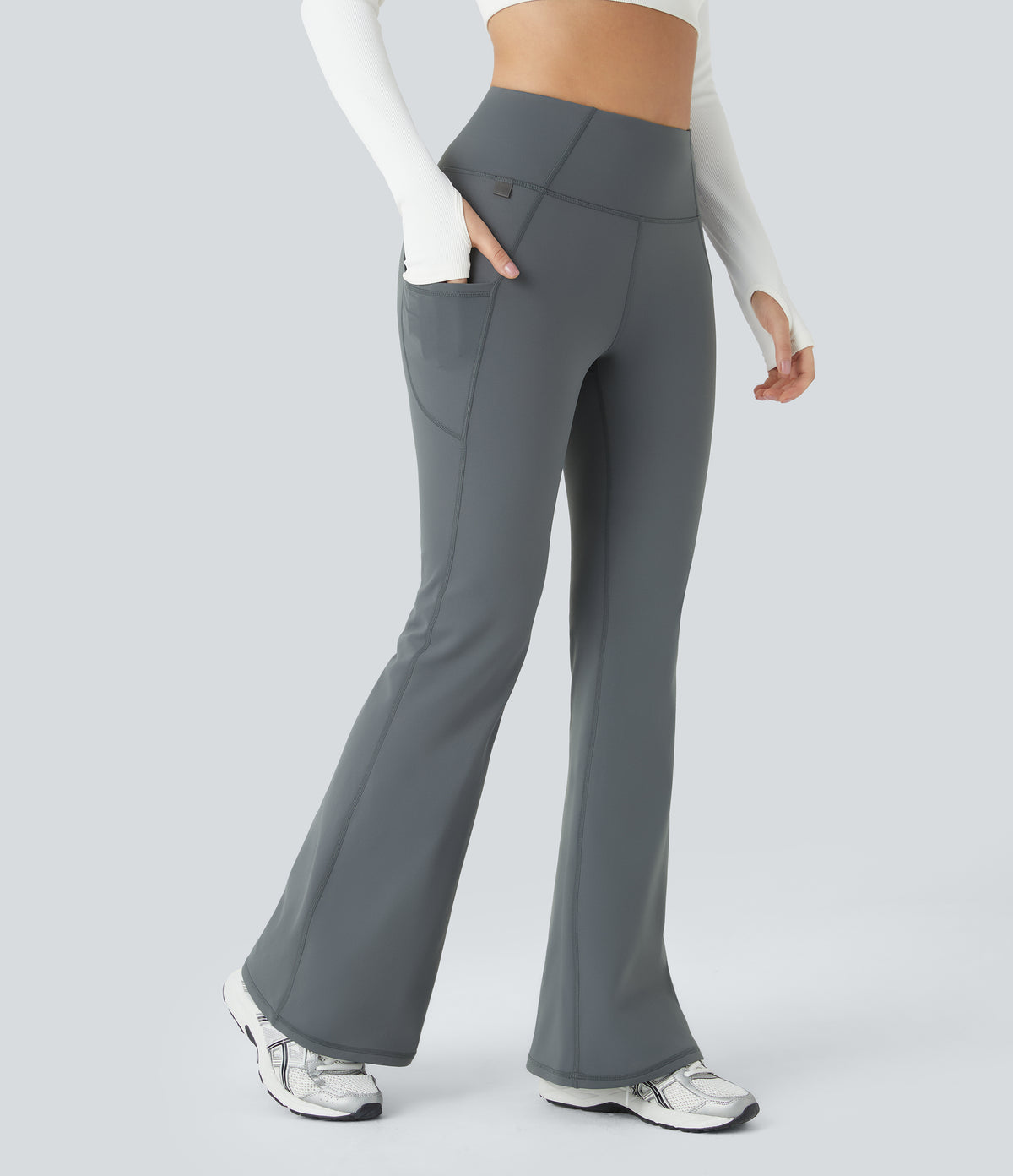 High Waisted Side Pocket Thermal Yoga Flared Trousers — Blue Tile Gray — view 2