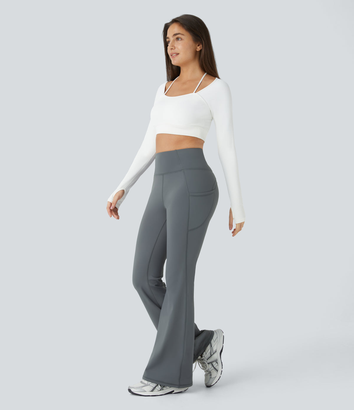 High Waisted Side Pocket Thermal Yoga Flared Trousers — Blue Tile Gray — view 8