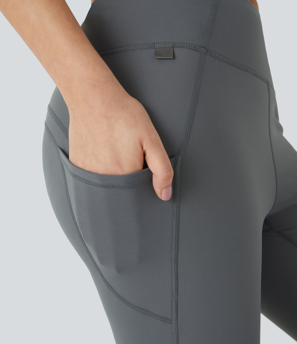 High Waisted Side Pocket Thermal Yoga Flared Trousers — Blue Tile Gray — view 7