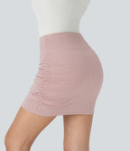 High Waisted Back Pocket Bodycon Ruched 2-in-1 Herringbone Mini Casual Skirt — Bean Paste Leaf Texture — view 2